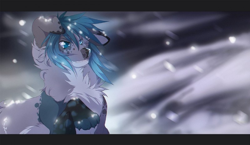 black_bars black_nose blue_eyes blue_hair feral fur grey_body grey_fur hair night outside paws snow snowing solo rikitoka canid canine canis domestic_dog mammal