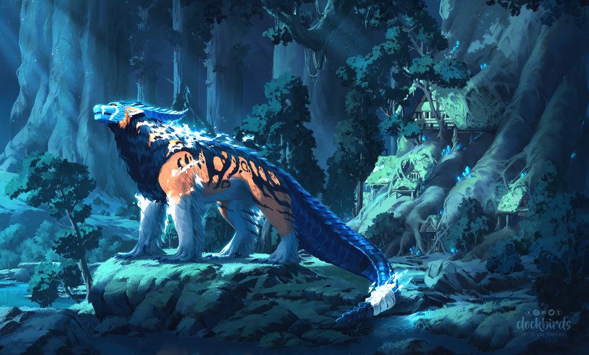 ambiguous_gender blue_fire building colored_fire crystal detailed_background feral fire forest fur grass horn house moss night outside plant river scales solo standing tail tree water clockbirds mythology dragon furred_dragon furred_scalie mythological_creature mythological_scalie scalie wingless_dragon 2021 digital_media_(artwork) hi_res