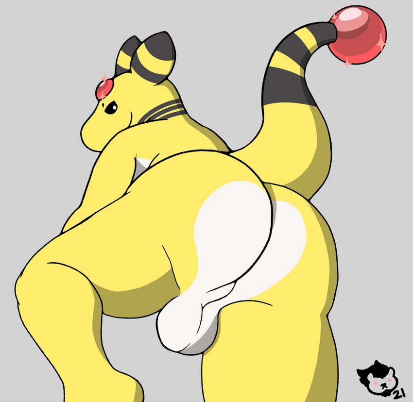 anthro backsack balls big_butt butt butt_heart fur gem genitals looking_at_viewer looking_back looking_back_at_viewer male smile solo sparkles stripes white_body white_fur yellow_body yellow_fur baron_montesque nintendo pokemon ampharos generation_2_pokemon pokemon_(species) cel_shading hi_res shaded