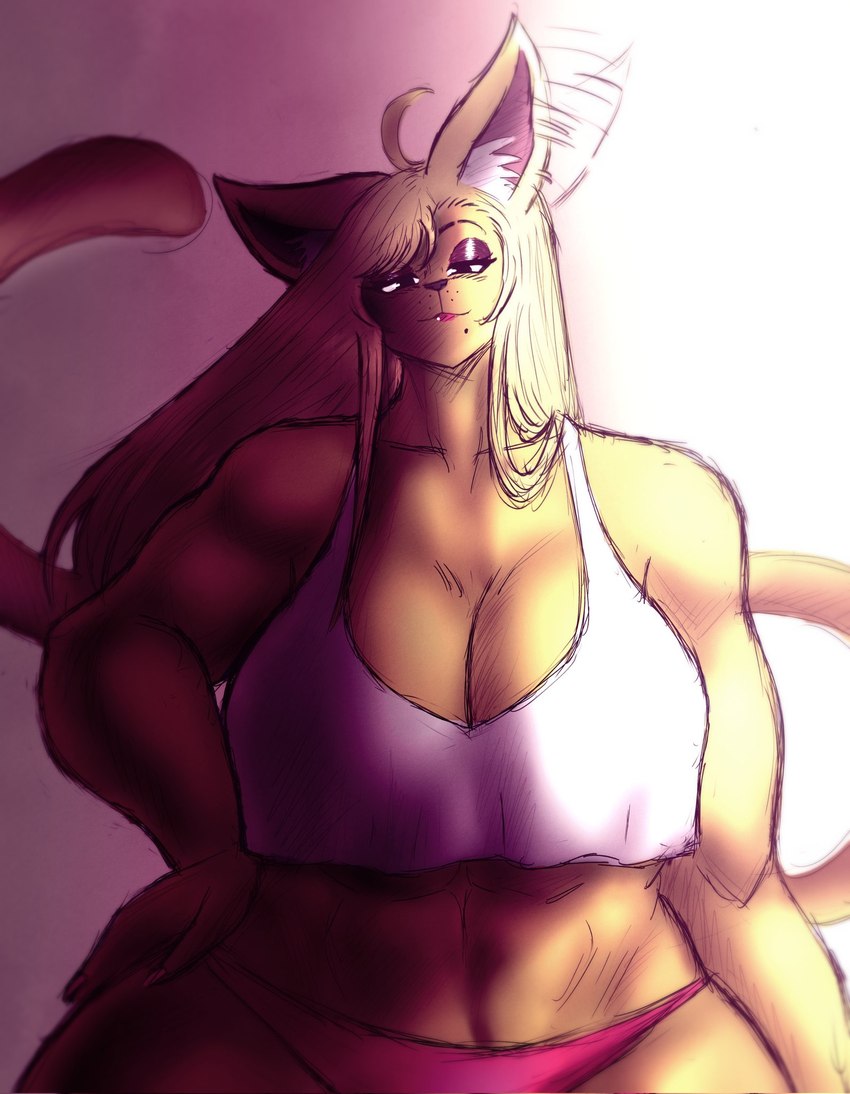 ahoge anthro biceps big_breasts black_eyes blonde_hair breasts clothed clothing crop_top curvy_female curvy_figure ear_twitch eyeshadow female hair inner_ear_fluff lipstick long_hair makeup markings midriff mole_(marking) muscular muscular_female navel panties shirt smile solo tail topwear tuft underwear wide_hips itzjaylock felid feline mammal hi_res