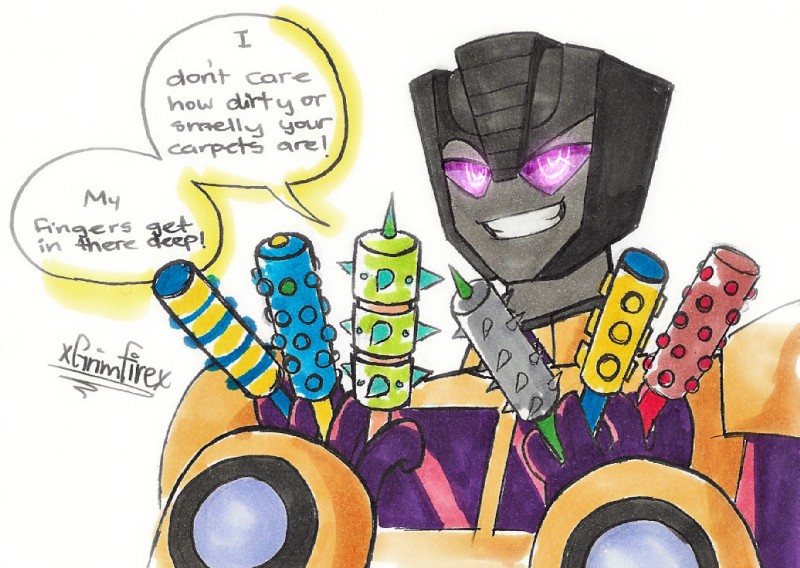 decepticon dialogue humor lint_roller machine male not_furry purple_eyes simple_background smile solo spikes teeth text white_background xgemfirex hasbro takara_tomy transformers swindle cybertronian humanoid robot robot_humanoid english_text