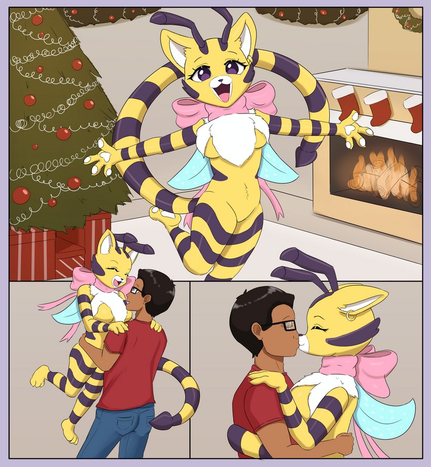 3_toes antennae_(anatomy) anthro black_hair black_stripes blue_border blue_bottomwear blue_clothing blue_pants blue_wings border bottomwear bow_collar bow_ribbon bow_scarf box breast_tuft cartoon_eyes chest_tuft christmas_tree clothing collar container eyewear feet female fingerpads fire fireplace forward_kissing fur gift gift_box gift_wrapped glasses hair handpaw heart_pawpads holidays human_on_anthro human_on_anthro_romance insect_wings interspecies kiss_on_lips kissing legwear long_tail male male/female markings neck_bow neck_tuft nose_to_nose open_mouth open_smile ornament pants pawpads paws plant purple_eyes red_clothing red_shirt red_topwear ribbon_collar shirt short_stack size_difference smaller_anthro smaller_female smile stinger stinger_tail stockings striped_body striped_fur striped_markings striped_tail stripes tail tail_markings toes toony topwear tree tuft white_body white_fur white_pawpads white_tuft wings yellow_body yellow_fur frezezyk christmas mob_entertainment poppy_playtime the_succubus_hunt cat-bee_(poppy_playtime) champion_(the_succubus_hunt) meri_(cat-bee_form) meri_(the_succubus_hunt) arthropod bee domestic_cat felid feline felis human hybrid hymenopteran insect mammal succubus toonkind hi_res