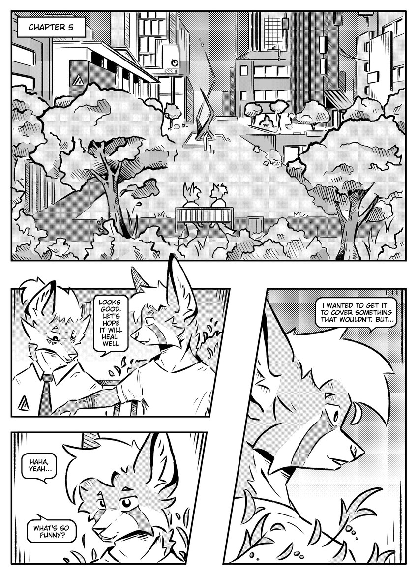 ambiguous_gender anthro bench city city_background cityscape clothed clothing dialogue duo male necktie plant simple_background sitting speech_bubble tattoo text tree kifyun2 kif_yppreah raphael_yppreah canid canine fox hybrid mammal absurd_res black_and_white comic english_text greyscale hi_res monochrome sibling_(lore)