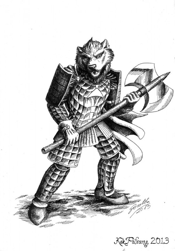 anthro armor biped clothing fur gloves handwear holding_object holding_weapon looking_at_viewer male simple_background solo standing waraxe warrior weapon white_background kekpafrany world_tree_rpg bear mammal 2013 black_and_white cross-hatching hatching_(art) hi_res monochrome shaded traditional_media_(artwork)