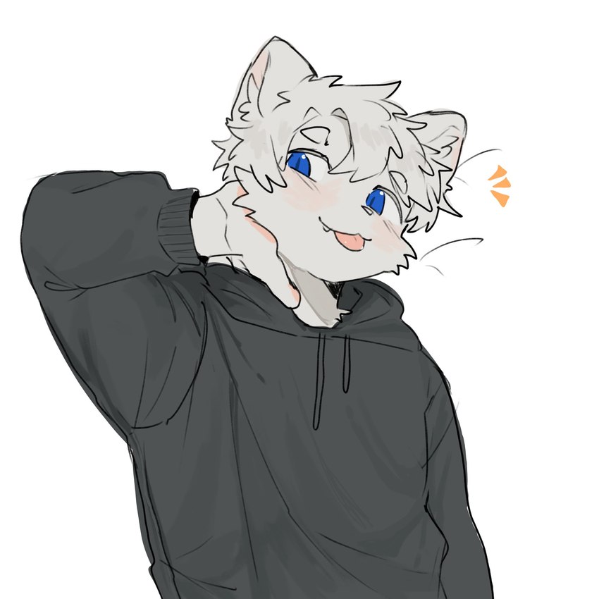 anthro biped black_clothing black_hoodie black_topwear blep blue_eyes clothing fur hoodie male slim_anthro slim_male solo tongue tongue_out topwear white_body white_fur mintza_bo canid canine canis mammal wolf 1:1 2024 hi_res