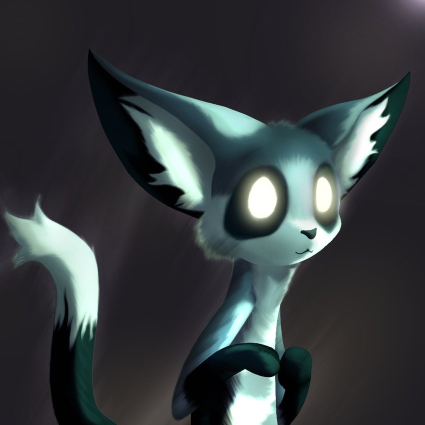 ambiguous_gender anthro black_background black_nose dipstick_tail glowing glowing_eyes grey_body grey_ears grey_tail markings no_pupils simple_background solo tail tail_markings white_eyes white_inner_ear white_tail_tip nyanfurry microsoft moon_studios ori_(series) xbox_game_studios moki_(species) 1:1 2024 colored digital_media_(artwork) digital_painting_(artwork) shaded