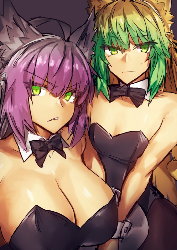 angry big_breasts blonde_hair bodily_fluids bow_(feature) bow_tie breasts bunny_costume cleavage clothed clothing costume duo female green_eyes green_hair grey_hair hair inner_ear_fluff legwear multicolored_hair purple_hair small_breasts sweat sweatdrop tights tuft melon22 fate_(series) type-moon archer_of_red atalanta_(fate) berserker_atalanta_alter animal_humanoid cat_humanoid felid felid_humanoid feline feline_humanoid humanoid mammal mammal_humanoid hi_res