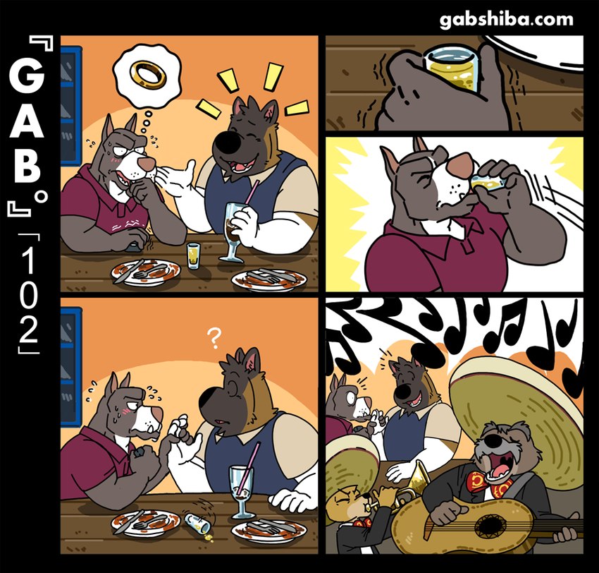 acoustic_guitar alcohol anthro bar_emanata base_two_layout beverage bite biting_own_hand black_body black_dot_eyes black_fur black_nose blockage_(layout) brass_instrument brown_body brown_fur clothed clothing confusion digit_ring drinking drinking_beer duo emanata engagement_ring fangs five_frame_image fur guitar hand_holding happy hat headgear headwear inside interrupted jewelry male mariachi mariachi_suit mental_pictographics multicolored_body multicolored_fur music musical_instrument musical_note musical_symbol nervous pink_nose plucked_string_instrument question_mark regular_grid_layout restaurant ring romantic romantic_couple self_bite shaking singing sombrero string_instrument symbol teeth text thought_bubble trumpet two_tone_body two_tone_fur vertical_blockage wind_instrument gabshiba gab_(comic) ruff_bull voff_akita akita canid canine canis chihuahua domestic_dog mammal pit_bull spitz toy_dog comic pictographics url