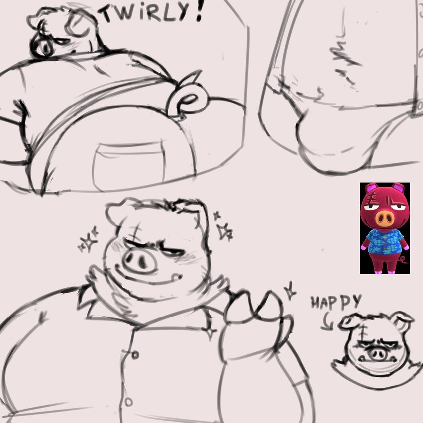 anthro belly bent_over big_butt blush bulge butt clothing curled_tail dress_shirt hooves male overweight overweight_male scar shirt snout solo speedo swimwear tail topwear tusks holyluhen animal_crossing nintendo rasher_(animal_crossing) domestic_pig mammal suid suine sus_(pig) 1:1 hi_res multiple_images sketch