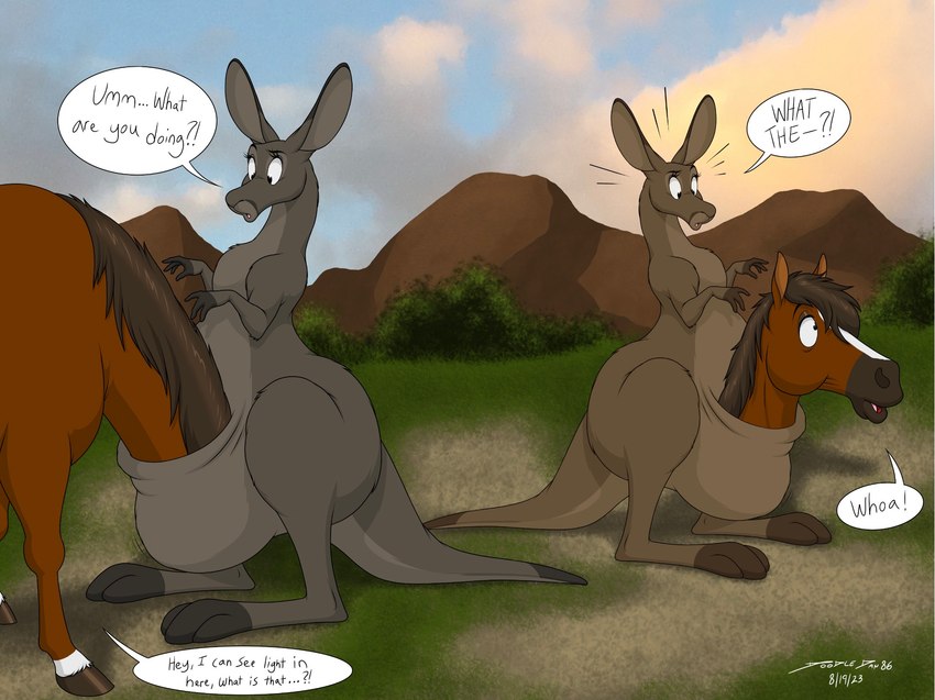 all_fours dialogue feet female feral fur grass group male mane mountain nude open_mouth outside paws plant pouch_(anatomy) sky skyscape speech_bubble standing text toes trio wide_eyed wolfdan86 equid equine horse kangaroo macropod mammal marsupial 2023 english_text hi_res signature