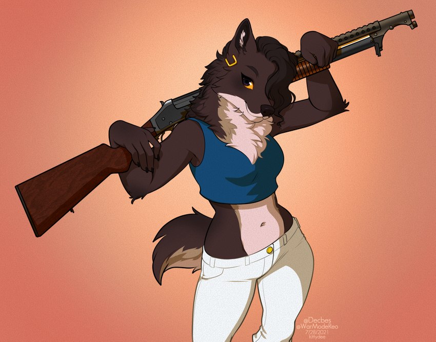 5_fingers anthro black_ears breasts brown_body brown_fur clothed clothing crop_top ear_piercing ear_ring female fingers fur gun midriff navel orange_eyes piercing ranged_weapon ring_piercing shirt shotgun smile solo tank_top topwear trench_gun weapon winchester_1897 kittydee canid canine mammal 2021 digital_media_(artwork)