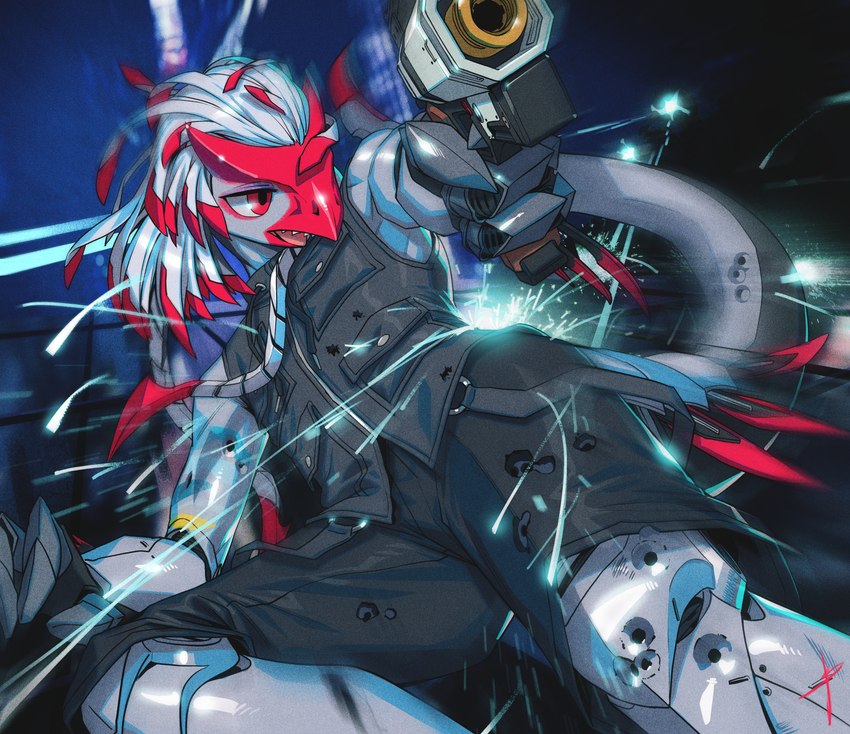 abstract_background action_pose aiming anthro beak bullet_hole bullet_wound clothed clothing exposed_endoskeleton front_view fully_clothed glistening glistening_body gun highlights_(coloring) holding_gun holding_object holding_ranged_weapon holding_weapon machine male male_anthro metallic_body motion_blur open_beak open_mouth pockets pose ranged_weapon red_eyes red_highlights ribbon_hair solo sparks teeth toothed_beak topwear vest weapon wounded blaedic tora_(nyctibius) android avian nevrean robot robot_anthro 2023 absurd_res hi_res