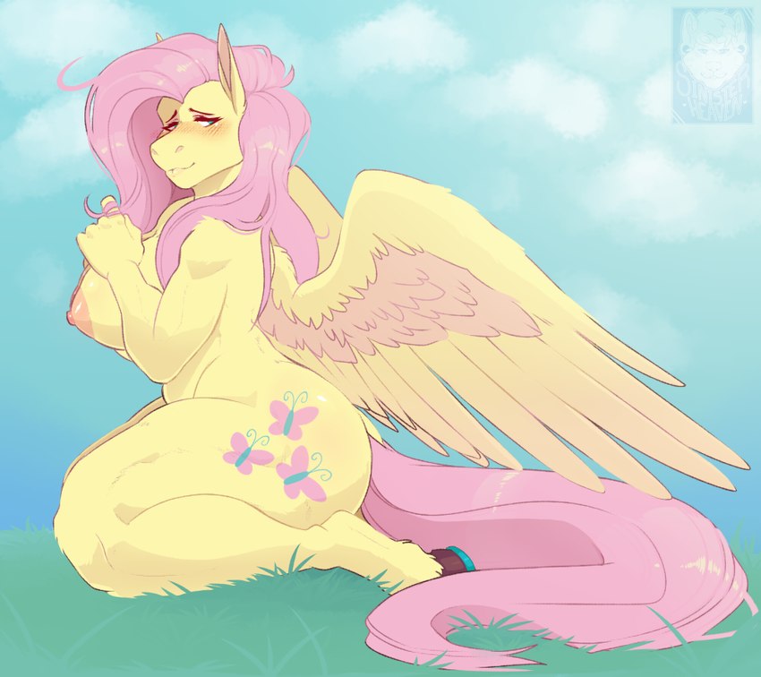 anthro anthrofied athletic athletic_anthro athletic_female big_breasts blush breasts cutie_mark feathered_wings feathers female grass hair hooves kneeling looking_back nipples pink_hair pink_tail plant shy solo tail thick_thighs wings yellow_body yellow_feathers sinisterheaven friendship_is_magic hasbro my_little_pony mythology fluttershy_(mlp) equid equine mammal mythological_creature mythological_equine pegasus 2022 digital_media_(artwork)