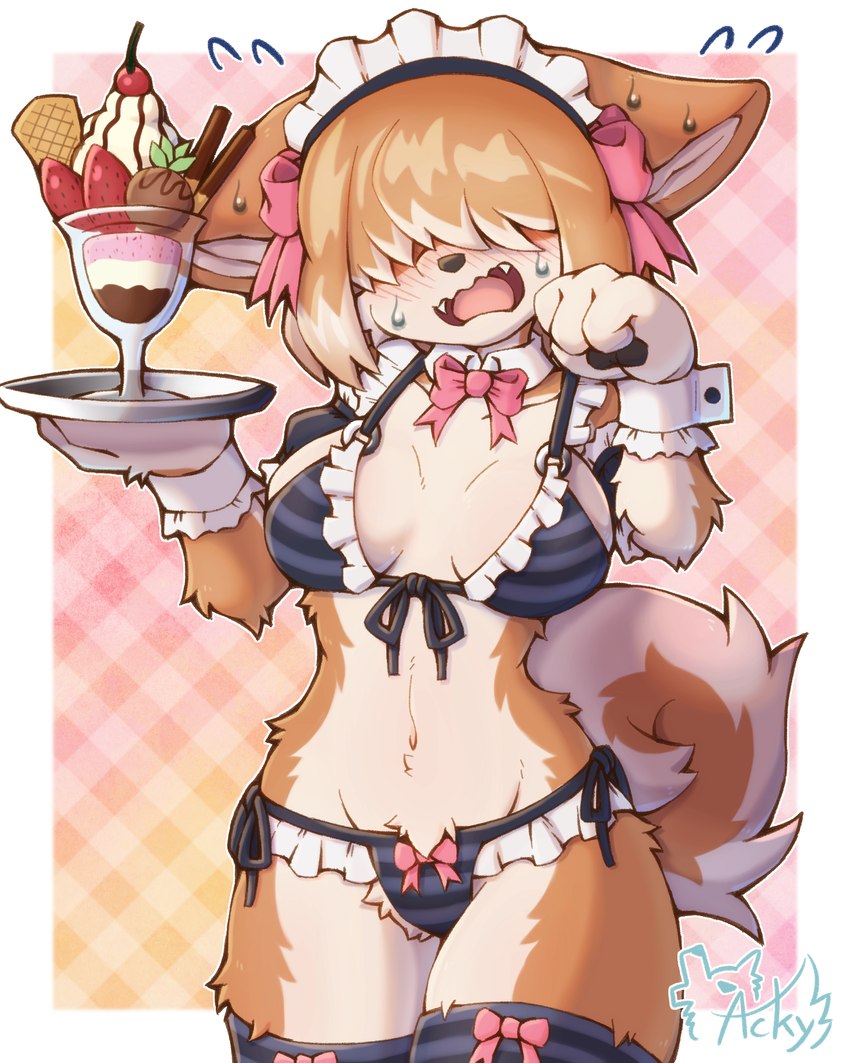 accessory anthro bikini black_bikini black_clothing black_swimwear blush bodily_fluids border breasts brown_body brown_fur brown_hair cherry clothing curled_tail dessert ear_ribbon ears_down fangs female food fruit fur gloves hair hair_accessory hair_ribbon handwear hidden_eyes holding_plate ice_cream maid_bikini maid_headdress maid_uniform medium_breasts open_mouth pink_ribbon pivoted_ears plant ribbons solo standing strawberry sweat sweatdrop swimwear tail teeth thick_thighs two-piece_swimsuit uniform white_body white_border white_clothing white_fur white_gloves white_handwear acky05 fuwari_(acky05) canid canine canis domestic_dog mammal shiba_inu spitz 4:5 hi_res