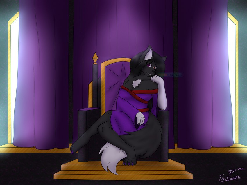 anthro black_body black_fur black_hair black_nose chair chest_tuft clothing crossed_legs curtains curtains_closed female fur furniture hair heterochromia light long_hair paws robe robe_only smile solo tail teeth throne throne_room tuft white_body white_fur trinitygodag patreon canid canine fox mammal 2023 4:3 digital_drawing_(artwork) digital_media_(artwork) hi_res lighting shaded signature