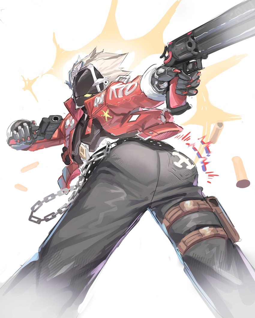 big_butt butt clothing dual_wielding gun hair handgun holding_object holding_weapon jacket looking_back machine male pistol ranged_weapon solo thigh_holster topwear weapon white_hair reallycute456 mihoyo zenless_zone_zero billy_kid robot absurd_res hi_res