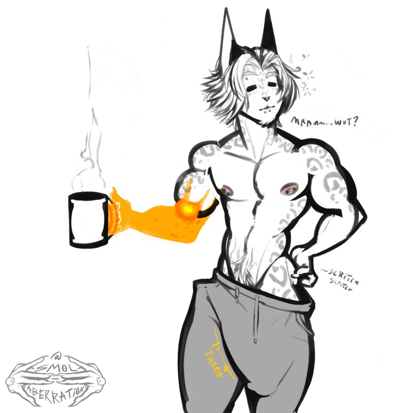 anthro beverage body_hair bottomwear bottomwear_down bulge butt clothed clothing coffee coffee_mug confusion eyebrow_piercing eyes_closed facial_piercing fur genital_outline genitals grey_sweatpants hair happy happy_trail leopard_spots looking_at_another male mouth_closed muscular muscular_anthro muscular_male nipple_piercing nipples nose_piercing onomatopoeia outline pants pants_down partially_clothed penis piercing prosthetic prosthetic_limb pubes scratching solo sound_effects spots sweatpants text throbbing throbbing_penis tired white_body white_fur white_hair smol_aberration jezzie_morozov_(smol_aberration) felid feline leopard leopard_cat mammal pantherine prionailurus 1:1 2023 absurd_res hi_res