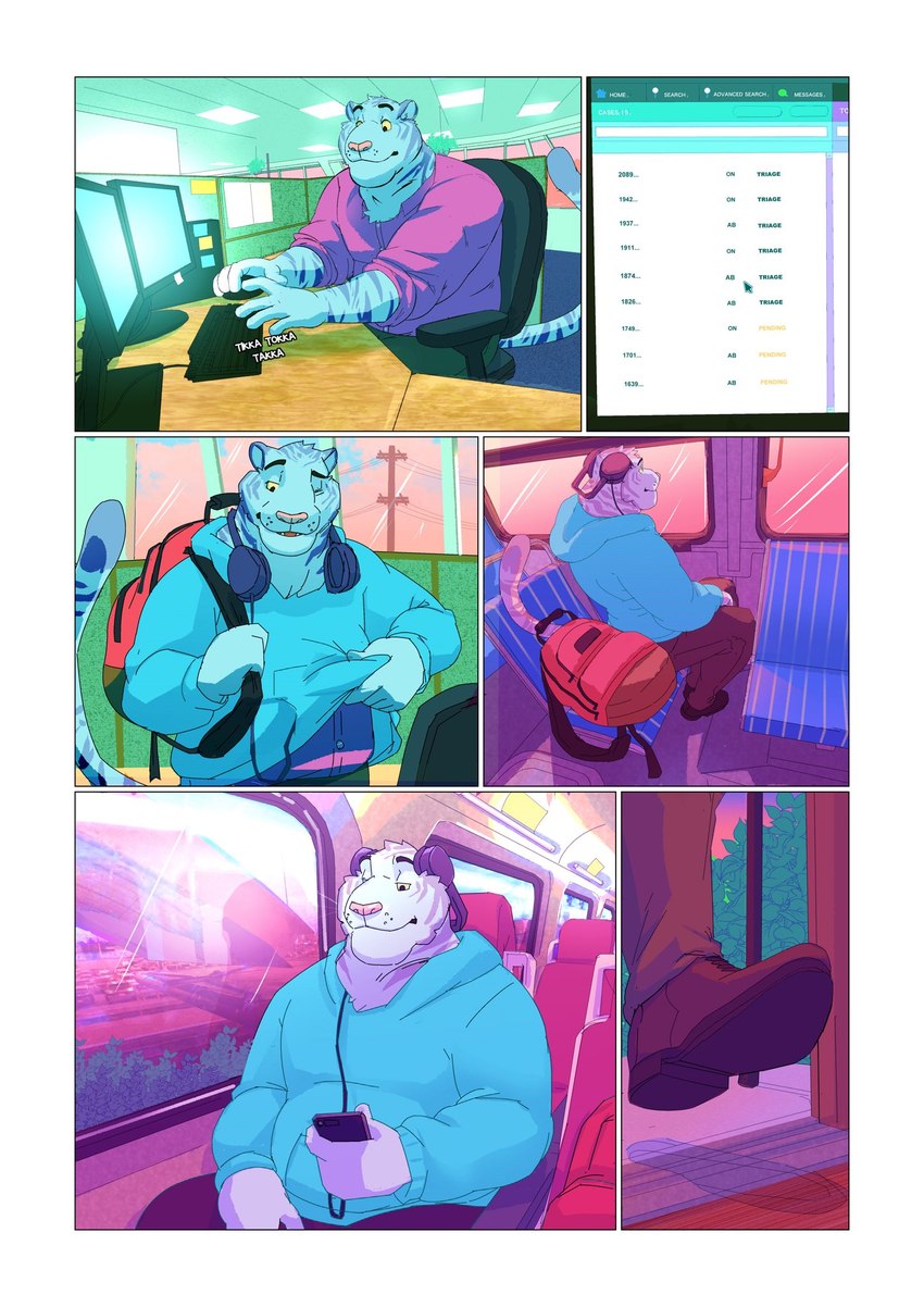 anthro backpack biped cellphone clothed clothing detailed_background electronics fur headphones inside_train inside_vehicle looking_out_window male office open_mouth phone public_transportation red_backpack smile solo sound_effects striped_body striped_fur stripes text train vehicle daire301 felid mammal pantherine tiger 2018 comic digital_media_(artwork) english_text hi_res