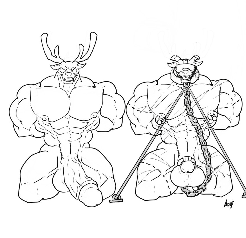 abs animal_butchery_diagram anthro antler_removal antlers ball_gag before_and_after biceps big_collar big_muscles big_penis blindfold chain chain_leash chastity_cage chastity_device collar dotted_line front_view gag genitals hands_behind_back horn horn_removal huge_muscles huge_penis humanoid_genitalia humanoid_penis kneeling leash leashed_collar male metal_collar muscular muscular_anthro muscular_male muscular_sub nipple_piercing nipple_ring nipples nub_chastity_cage pecs penis phallic_chastity_device piercing ring_piercing scar scars_all_over site_marking solo submissive vein veiny_penis aoyi1 deer mammal hi_res