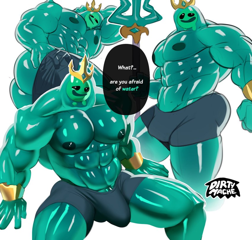 abs big_bulge big_muscles blue_nipples bottomwear bottomwear_down bracelet bulge butt clothed clothing crown dialogue flashing_butt glistening glistening_body headgear jewelry looking_at_viewer lying male melee_weapon moobs muscular muscular_humanoid muscular_male nipples not_furry on_side open_mouth open_smile partially_clothed pecs polearm presenting presenting_hindquarters shorts shorts_down simple_background smile smirk solo spear teal_body text topless weapon white_background dirtymache epic_games fortnite poseidon_(fortnite) rippley_(fortnite) goo_creature goo_humanoid humanoid 2024 english_text hi_res