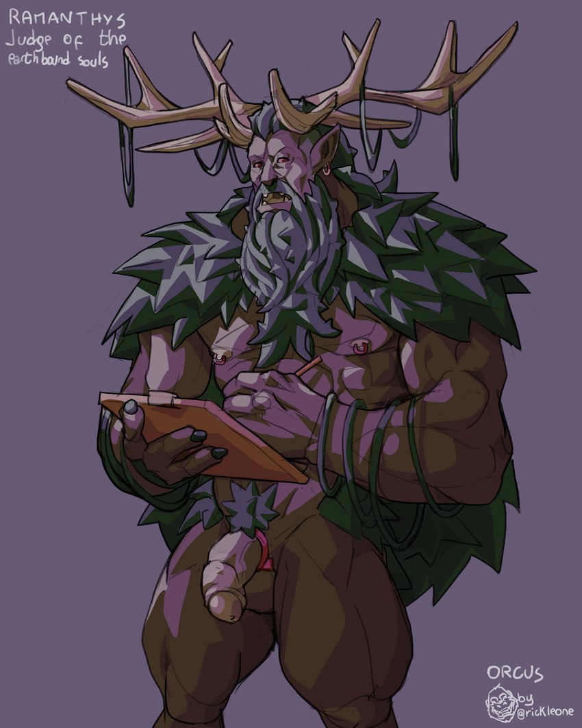 antlers barazoku genitals horn humanoid_pointy_ears long_beard male muscular orcus_challenge penis plant pointy_ears red_eyes solo rickleone cernunnos green_man leshy 4:5 hi_res