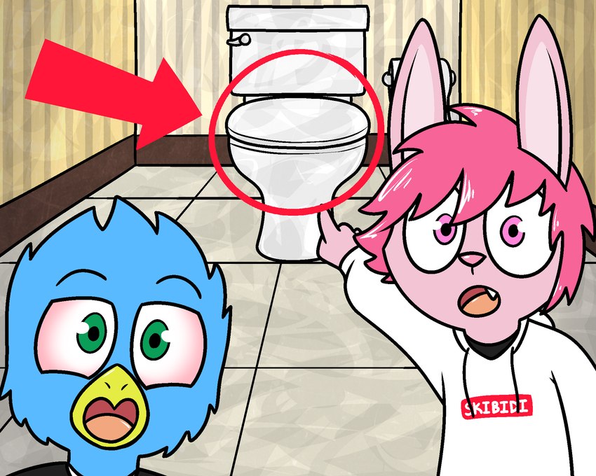 ambiguous_gender anthro bathroom clothed clothing duo fur hair hoodie toilet topwear pokefound da_silva skibidi_toilet klace_(pokefound) sonny_boop avian bird lagomorph leporid mammal rabbit high 5:4 hi_res male_(lore)