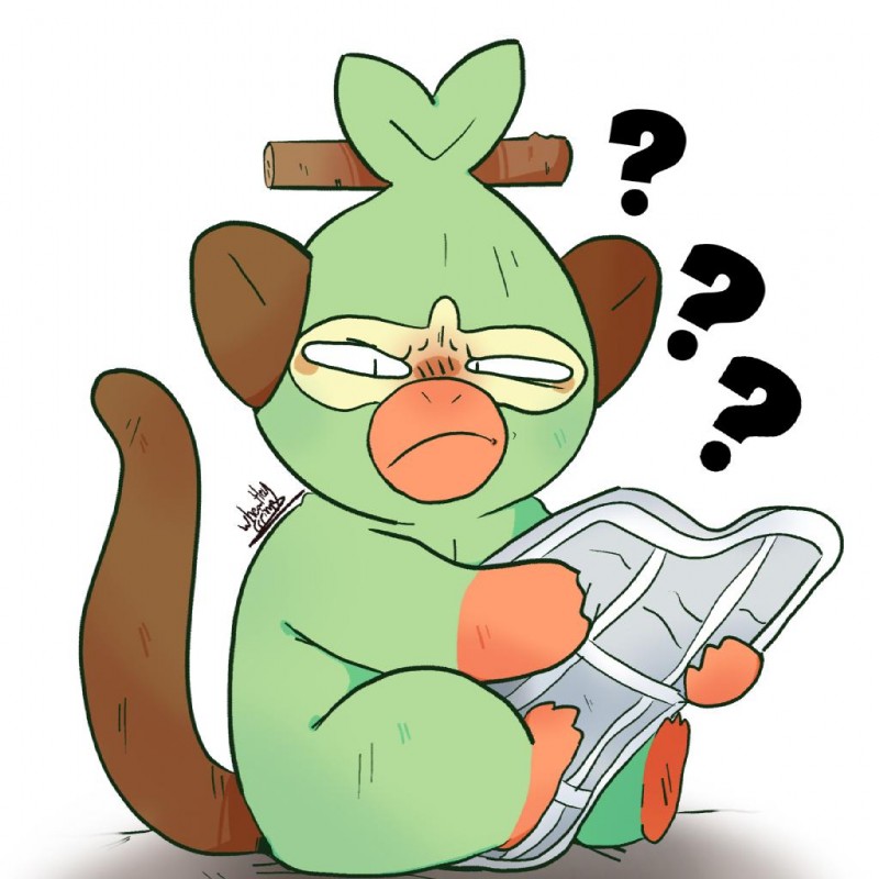 ambiguous_gender angry barefoot confusion feet feral holding_newspaper holding_object looking_at_viewer narrowed_eyes newspaper nude question_mark simple_background sitting solo squint stink_eye white_background wheatleygrim nintendo pokemon generation_8_pokemon grookey mammal pokemon_(species) primate 1:1 2019 meme reaction_image