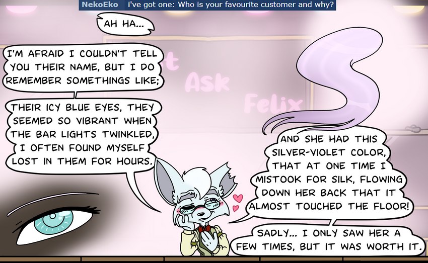 age_difference answering anthro ask_blog blue_eyes blush elderly love male notched_ear older_anthro older_male reminiscing slouching speech_bubble storytelling text wintersgardencomic felix_a_fox canid canine fennec_fox fox humanoid mammal true_fox comic english_text