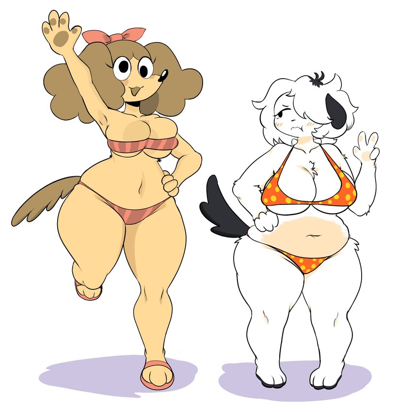 3_toes 4_fingers accessory anthro belly big_breasts bikini biped black_ears black_nose black_tail bra breasts brown_ears brown_pawpads brown_tail chest_tuft clothed clothing derp_eyes duo feet female fingers flop floppy_ears fluffy_ears fur googly_eyes hair hair_accessory hair_ribbon hand_on_hip open_mouth orange_bra orange_clothing orange_panties orange_underwear panties pattern_bikini pattern_clothing pattern_swimwear pawpads pink_belly pink_pawpads pink_ribbon polka_dot_bra polka_dot_panties puffed_cheeks raised_arm raised_leg ribbons short_hair simple_background skimpy slightly_chubby slightly_chubby_anthro slightly_chubby_female smile standing striped_bikini striped_clothing striped_swimwear stripes swimwear tail tan_body tan_fur thick_thighs toes tuft two-piece_swimsuit underwear white_background ddaabbs peanut_butter_(puppkittyfan1) pepper_(puppkittyfan1) canid canine canis domestic_dog mammal 2022 digital_media_(artwork) full-length_portrait hi_res portrait shaded simple_shading