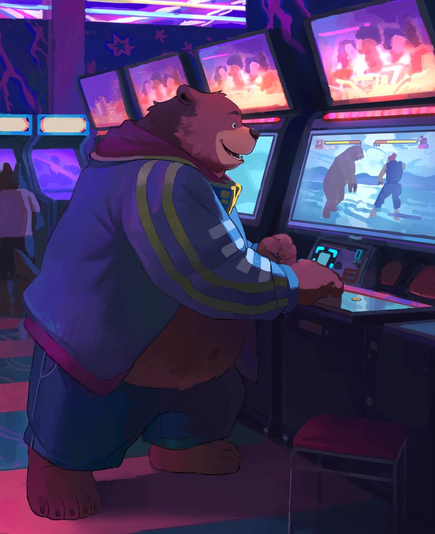 5_toes anthro arcade_game arcade_machine barefoot belly blue_bottomwear blue_clothing blue_jacket blue_jeans blue_pants blue_topwear bottomwear brown_body brown_ears brown_feet brown_fur brown_hands clothed clothing denim denim_bottomwear denim_clothing detailed_background ears_back feet fur furniture gaming head_tuft jacket jeans male open_clothing open_jacket open_mouth open_smile open_topwear overweight overweight_anthro overweight_male pants pivoted_ears playing_video_game shirtless short_legs smile solo standing stool teeth toes tongue topwear tuft huynhduyad14 capcom street_fighter tekken tekken_7 akuma_(street_fighter) background_character kuma_(tekken) bear mammal 2023 absurd_res hi_res