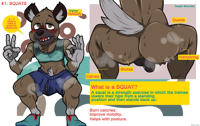 anthro anus balls bodily_fluids bulge butt educational exercise genitals looking_at_viewer male musk penis pubes solo speech_bubble steam sweat text shirt_(artist) aggretsuko sanrio haida_(aggretsuko) hyena mammal spotted_hyena english_text hi_res