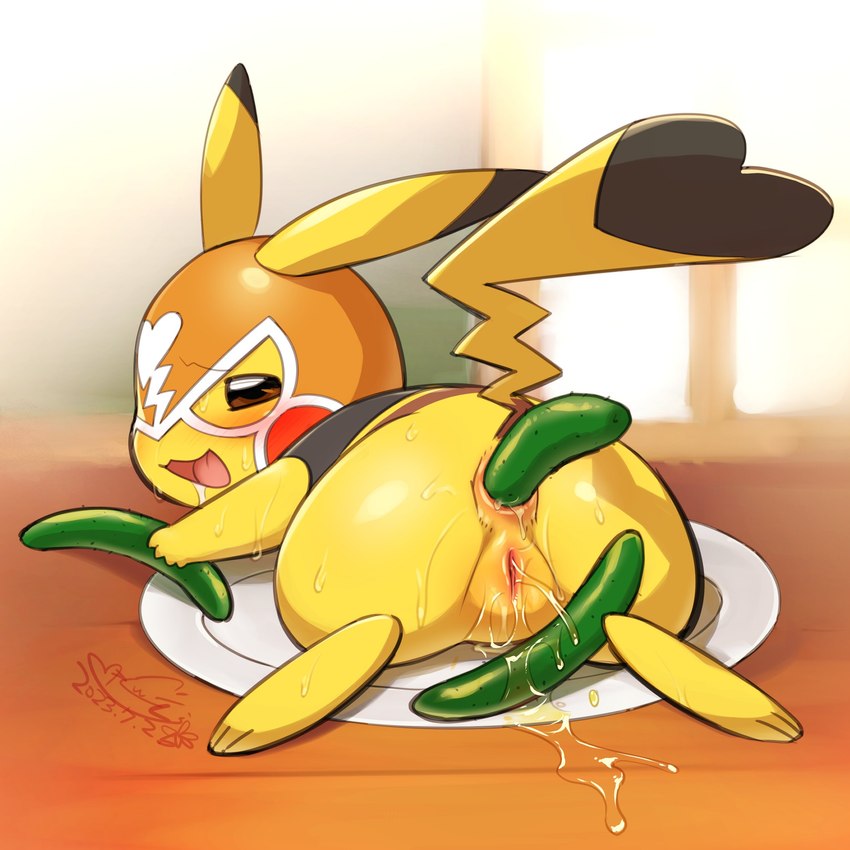 anal anal_fluids anal_penetration anus blush bodily_fluids bottomless bright brown_eyes butt clear_urine cleft_tail clothed clothing cosplay_pikachu_(costume) cucumber detailed_background dipstick_ears dipstick_tail ear_markings feet female feral floor food food_fetish food_in_ass food_insertion food_play fruit furgonomic_headwear furgonomics genital_fluids genitals glistening glistening_butt glistening_eyes holding_cucumber improvised_dildo improvised_sex_toy looking_at_viewer looking_back lucha_libre_mask lying markings mask multicolored_ears on_front on_plate open_mouth open_smile peeing peeing_while_penetrated penetration plant plate pussy rear_view semi-anthro shoji smile soles solo sports_mask sportswear sweat sweat_covered sweaty_feet tail tail_markings thick_thighs toes urine vegetable watersports wood wood_floor wrestling_mask cotora nintendo pokemon pikachu_libre generation_1_pokemon pikachu pokemon_(species) 1:1 2023 absurd_res dated hi_res signature