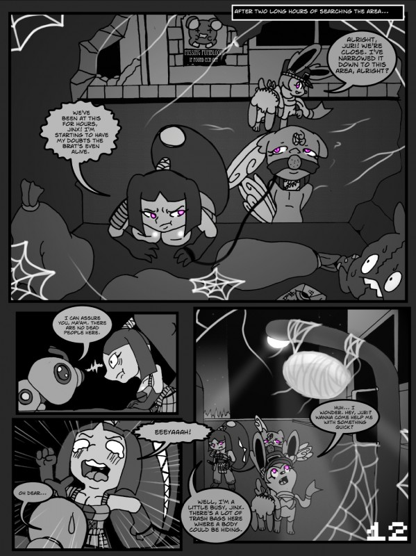 anthro dialogue female garden_of_eden pumbloom text violence bluebean nintendo pokemon caterpie eeveelution generation_1_pokemon generation_2_pokemon generation_3_pokemon generation_5_pokemon generation_6_pokemon mawile plusle pokemon_(species) sneasel sylveon trubbish whismur comic english_text greyscale hi_res monochrome