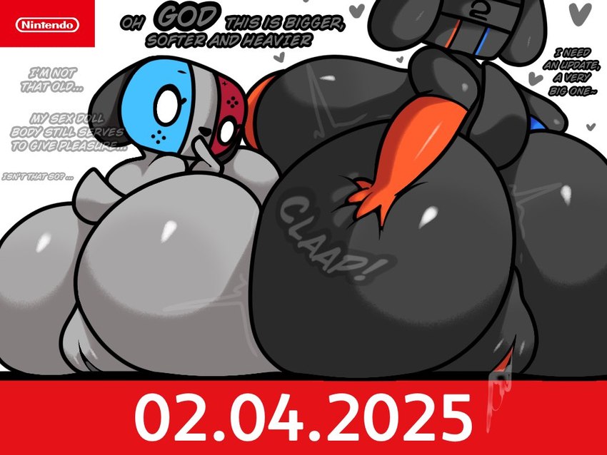 anthro ass_to_ass big_breasts big_butt big_pussy black_body black_ears black_nose black_tail blue_body bodily_fluids breasts butt duo exclamation_point eyelashes female genital_fluids genitals grey_body grey_tail hand_on_butt hand_on_own_butt heart_symbol huge_breasts huge_butt hyper hyper_breasts hyper_butt hyper_genitalia hyper_pussy looking_at_butt looking_at_own_butt looking_at_self looking_back multicolored_body orange_body pussy rear_view red_body sitting size_difference tail text thick_thighs vaginal_fluids white_eyes alexdraws nintendo nintendo_switch nintendo_switch_2 switch_dog switch_dog_2 animate_inanimate canid canine canis domestic_dog mammal 2025 4:3 digital_media_(artwork) english_text