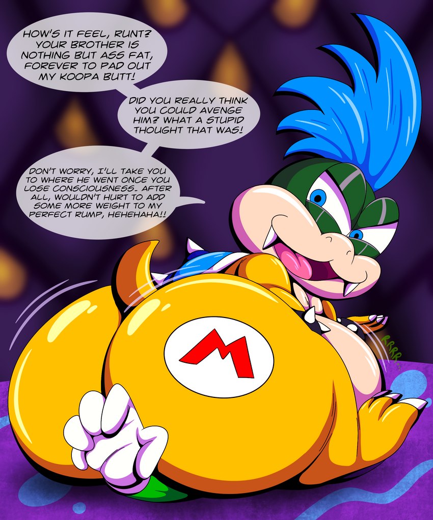 after_vore anthro belly big_butt bullying butt butt_smother dialogue duo forced glistening human_bullied looking_back male male/male rear_view sitting_on_another smothering tail tattooification taunting text vore vore_tattoo tepigfan101 mario_bros nintendo koopaling larry_koopa luigi human koopa mammal scalie absurd_res digital_media_(artwork) english_text hi_res