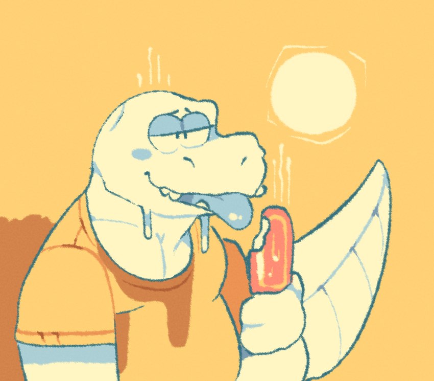 anthro black_eyes blue_tongue bodily_fluids clothing day food half-closed_eyes holding_food holding_object holding_popsicle male narrowed_eyes orange_background orange_clothing orange_shirt orange_t-shirt orange_topwear popsicle scales shirt simple_background smile solo standing sun sweat sweaty_clothing t-shirt tail teeth tongue tongue_out topwear wet wet_clothing wet_t-shirt wet_topwear yellow_body yellow_nose yellow_scales yellow_sclera yellow_tail datbx datbx_(datbx) alligator alligatorid crocodilian reptile scalie 2023 digital_media_(artwork) half-length_portrait portrait