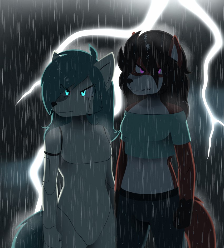 anthro blue_eyes bottomwear clothing duo electricity female gloves_(marking) hair lightning machine markings purple_eyes raining red_body shoulderless_shirt teal_hair thunderstorm white_body artesderatzyu android canid canine mammal robot hi_res lineless