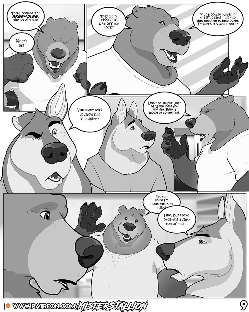 anthro clothed clothing dialogue eyebrows fist fur gesture group male one_ear_up open_mouth open_smile overweight overweight_male patreon_logo profanity raised_eyebrow shirt smile speech_bubble teeth text topwear trio waving yelling misterstallion patreon ardent_(misterstallion) calvin_(misterstallion) sid_(misterstallion) bear canid canine canis mammal wolf 4:5 comic english_text greyscale hi_res monochrome url father_(lore) father_and_child_(lore) father_and_son_(lore) parent_(lore) parent_and_child_(lore) parent_and_son_(lore) son_(lore)