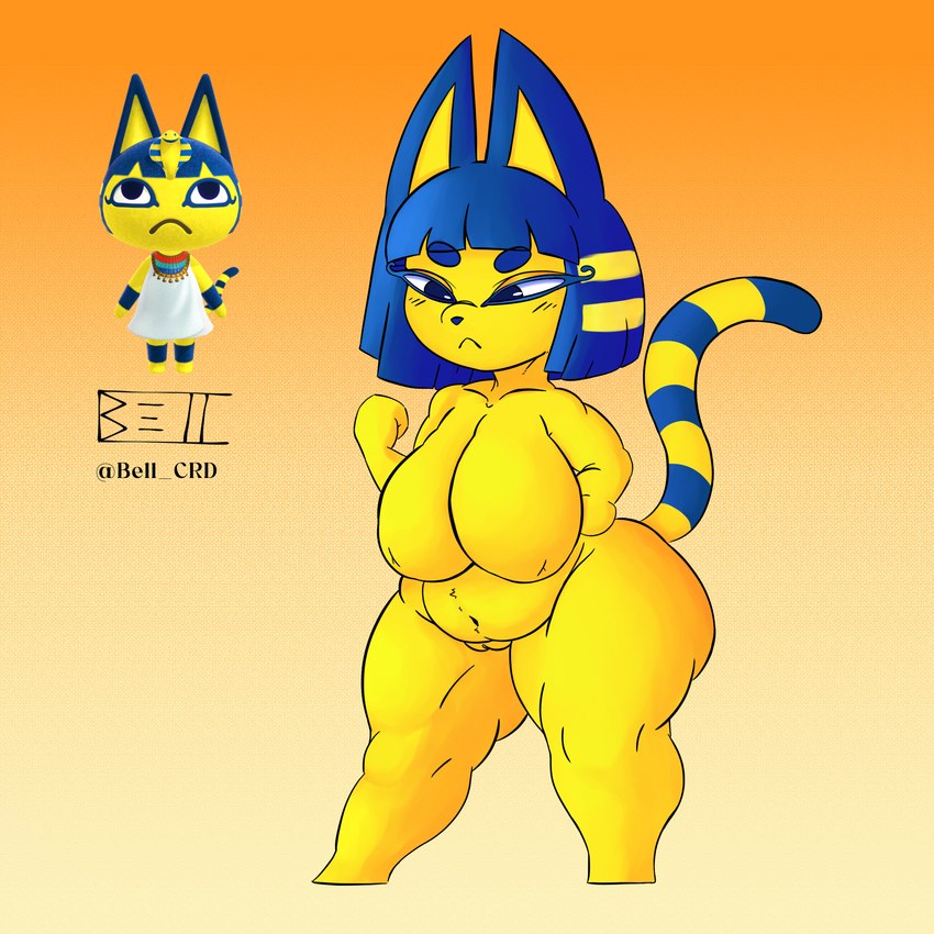 anthro big_breasts big_butt blue_body blue_fur blue_hair bob_cut breasts butt disappointed female fur genitals hair half-closed_eyes markings narrowed_eyes nude overweight pussy short_stack slightly_chubby solo striped_markings striped_tail stripes tail tail_markings thick_thighs yellow_body yellow_fur bell_crd animal_crossing nintendo ankha_(animal_crossing) domestic_cat felid feline felis mammal 1:1 hi_res