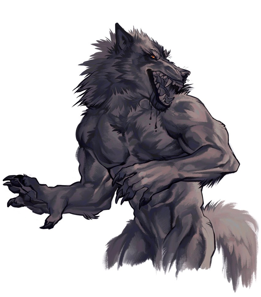 anthro claws fur grey_body grey_fur male muscular neck_tuft open_mouth pawpads paws pecs simple_background solo teeth tuft nmvsolidus mythology canid canine canis mammal mythological_canine mythological_creature werecanid werecanine werecreature werewolf wolf hi_res