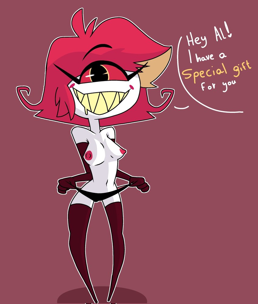 1_eye big_breasts bodily_fluids breasts camel_toe clothing fangs female hair nipples open_mouth open_smile panties red_hair saliva simple_background smile solo teeth thick_thighs underwear white_body simp_tale hazbin_hotel niffty_(hazbin_hotel) cyclops demon demon_humanoid humanoid hi_res