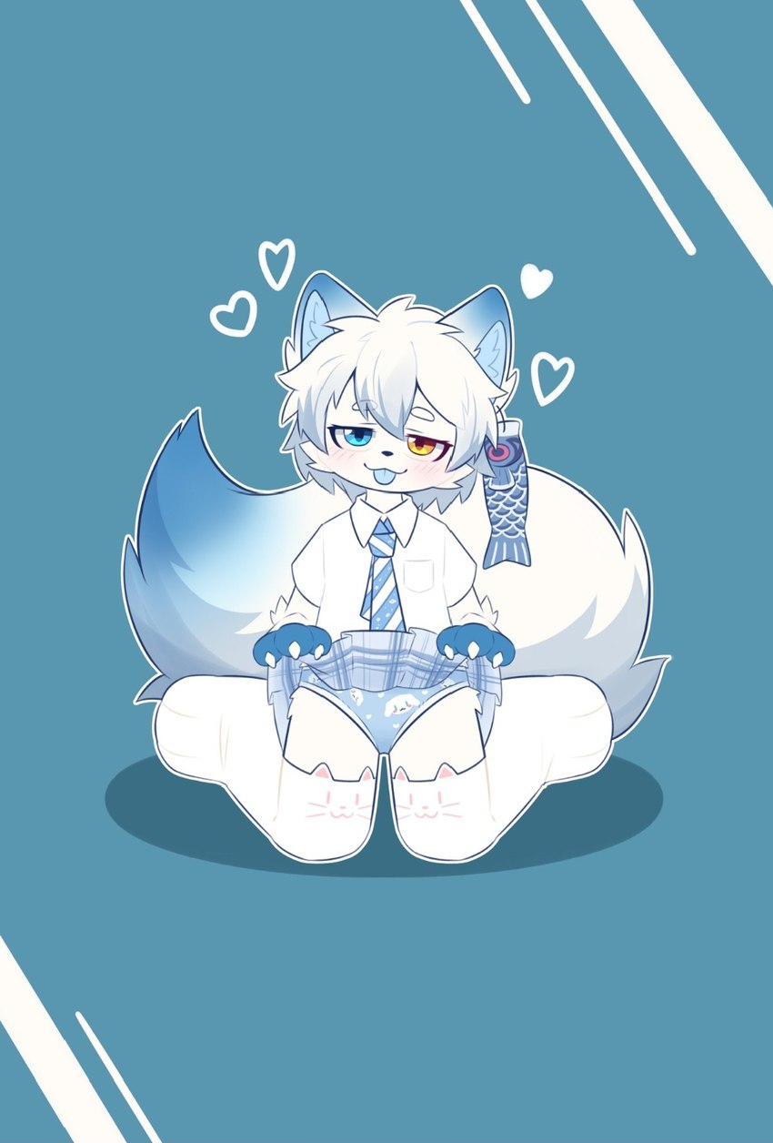 ambiguous_gender anthro blue_bottomwear blue_clothing blue_panties blue_skirt blue_underwear bottomwear childish_panties clothing fur heterochromia kemono legwear necktie panties skirt solo thigh_highs tongue tongue_out underwear white_body white_fur snowfoxk46 cinnamoroll sanrio cinnamon_(cinnamoroll) canid canine fox mammal hi_res