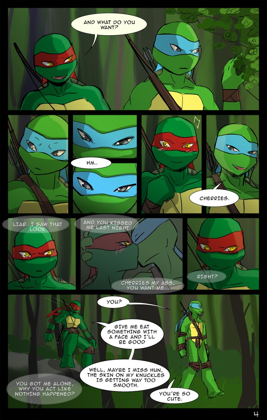 adolescent blush dialogue duo eyes_closed flirting forest kerchief kissing male male/male outside plant text tree young momorawrr neattea teenage_mutant_ninja_turtles leonardo_(tmnt) raphael_(tmnt) reptile scalie turtle comic english_text hi_res brother_(lore) brothers_(lore) incest_(lore) sibling_(lore)