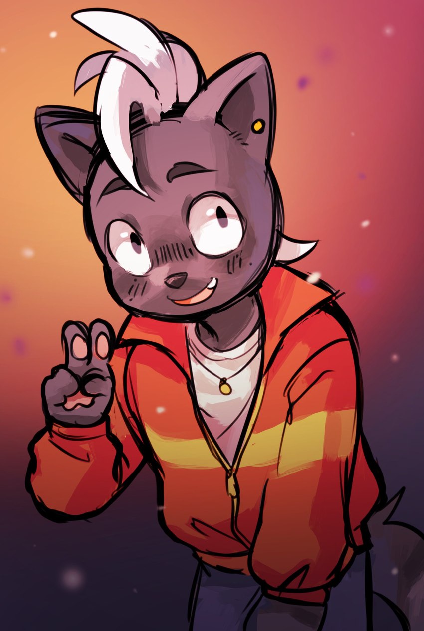 anthro clothing ear_piercing ear_ring gesture hand_gesture jacket jewelry male necklace piercing ring_piercing simple_background smile solo topwear v_sign miri odd_taxi shun_imai_(odd_taxi) mammal mephitid skunk hi_res