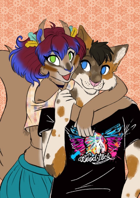 5_fingers anthro anthro_on_anthro arm_grab biped black_clothing black_hair black_topwear blue_bottomwear blue_clothing blue_eyes blue_hair blue_nose bottomwear brown_body brown_fur brown_markings brown_spots brown_tail chain choker clothed clothing crop_top duo ear_tuft eye_markings eyelashes facial_markings female fingers flat_texture front_view fur green_eyes hair head_markings hug hugging_another hugging_from_behind humanoid_hands jewelry long_tail looking_at_another looking_at_partner looking_up male male/female markings midriff mottled multicolored_body multicolored_fur multicolored_hair necklace open_mouth open_smile orange_body orange_fur orange_markings orange_spots pattern_background piebald pink_background pink_nose purple_hair shirt short_hair simple_background skirt smile snout spots spotted_body spotted_fur t-shirt tail tan_body tan_fur topwear tuft two_tone_body two_tone_fur two_tone_hair white_body white_fur q-nik q-nik_(fursona) calico_cat domestic_cat felid feline felis mammal rodent sciurid tree_squirrel 2018 digital_drawing_(artwork) digital_media_(artwork) half-length_portrait hi_res portrait