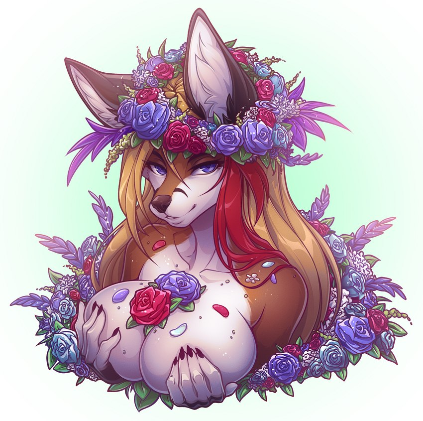 anthro big_breasts blonde_hair breast_squish breasts covering covering_breasts female flower hair looking_at_viewer naughty_face nude plant red_hair solo squish yusioka founntain_(character) canid canine fox mammal 2022 absurd_res bust_portrait hi_res portrait