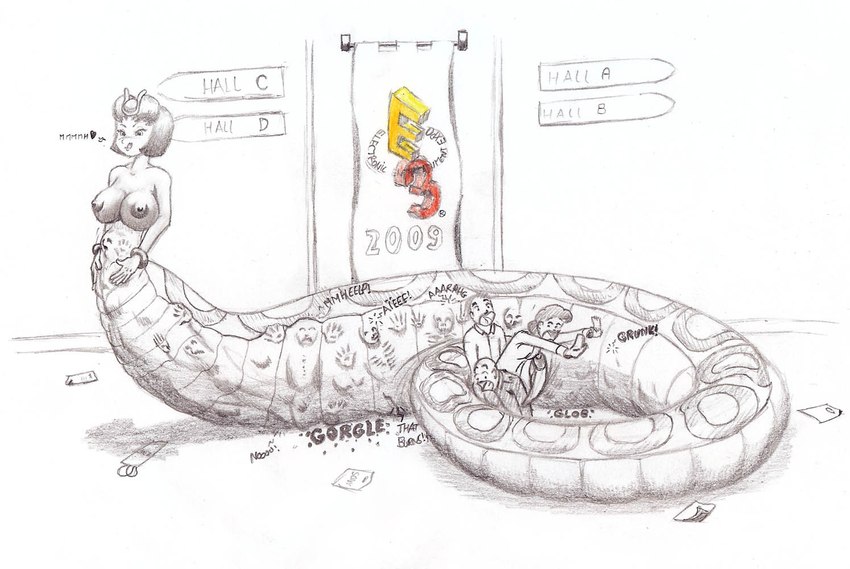 after_vore apode belly breasts female female_pred group legless multiple_prey nipples overweight serpentine simple_background size_difference split_form text vore white_background frakass ragnarok_online isis_(ragnarok_online) draconcopode human lamia mammal reptile scalie snake 2009 english_text