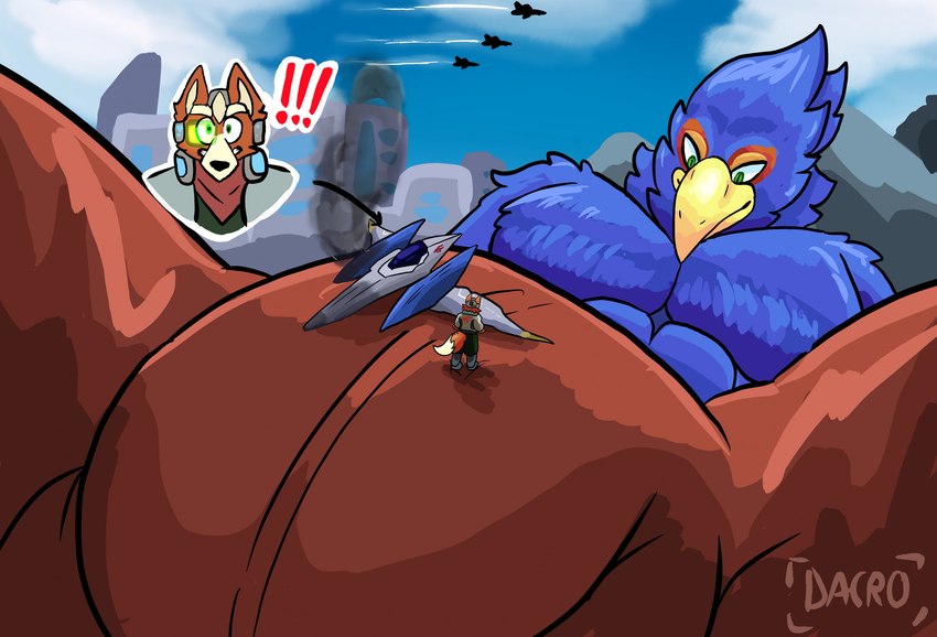 anthro arwing big_bulge blue_body blue_feathers bulge city clothed clothing destruction duo feathers genital_outline green_eyes macro male muscular muscular_male scouter size_difference topless dacro nintendo star_fox falco_lombardi fox_mccloud avian bird canid canine canis fox mammal hi_res