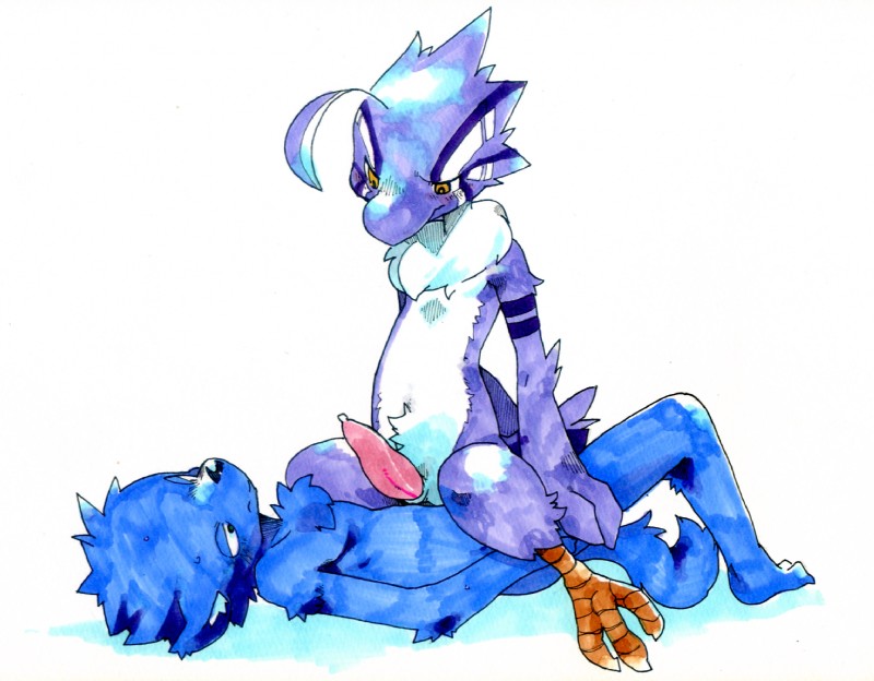 animal_genitalia animal_penis anthro black_nose blue_body blue_feathers blue_fur blush bodily_fluids chest_tuft cowgirl_position duo erection eye_contact feathers from_front_position fur genital_fluids genital_slit genitals interspecies kemono looking_at_another lying male male/male male_on_bottom male_on_top on_bottom on_top penis precum sex simple_background straddling tapering_penis tuft yellow_eyes pizademokttero kuroba avian canid canine mammal