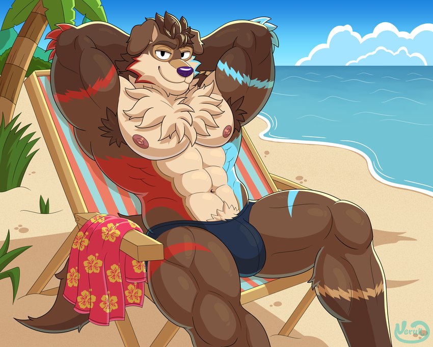 abs aloha_shirt anthro areola arm_tuft armpit_hair armpit_showing barazoku beach beach_chair biceps big_biceps big_bulge big_muscles big_pecs bikini_thong biped blue_body blue_fur blue_markings blue_sky body_hair brown_body brown_fur bulge chair chest_hair clothed clothing cloud elbow_tuft floppy_ears fluffy fluffy_chest fluffy_tail fur furniture grass hands_behind_head head_hair lying male male_anthro markings mountain multicolored_body multicolored_fur muscular muscular_anthro muscular_male neck_tuft nipples on_chair palm_tree pattern_clothing pattern_shirt pattern_topwear pecs pink_nipples plant pubes purple_nose red_body red_fur red_markings relaxed_expression relaxing sand sea shirt sitting sitting_on_chair sky smile smiling_at_viewer solo speedo sunbathing sunny sunny_day swimwear tail tan_body tan_fur thick_thighs thong topless topless_anthro topless_male topwear tree tuft underwear water neruk border_collie canid canine canis collie domestic_dog herding_dog mammal pastoral_dog sheepdog 5:4 absurd_res hi_res